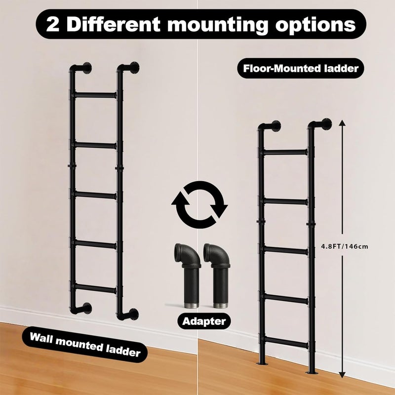 cvter 3/4/5/6/7/8FT Black Wall Mounted Steel Ladder, 5-Step Egress Ladder for Window Well, Loft, Bunk Bed, Camper, RV | Floor/Wall Mounted Indoor Safety Climb for Bedroom, Basement, Gym, Dorm & Small Spaces - Image 2
